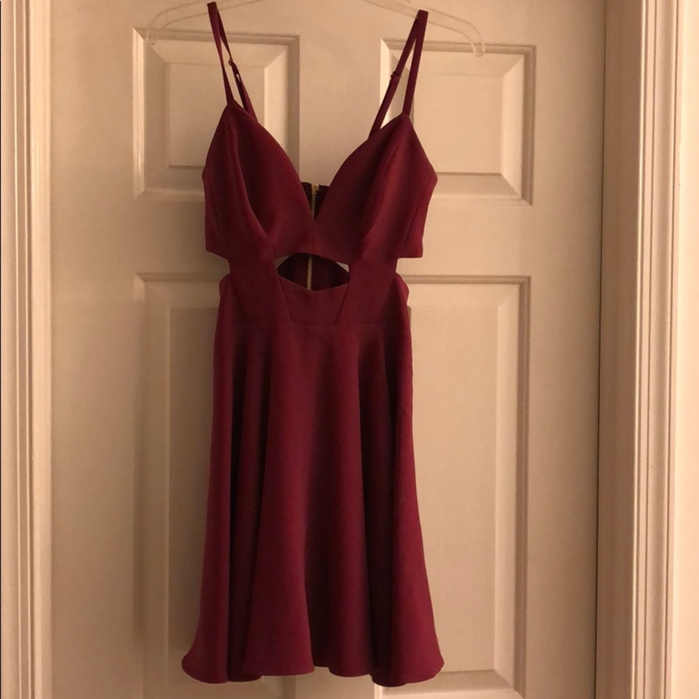 Wine colored fit and flare cutout dress